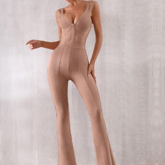 BEIGE BANDAGE JUMPSUIT NUDE PANTSUIT CAMEL JUMPER - Picture 7 of 15